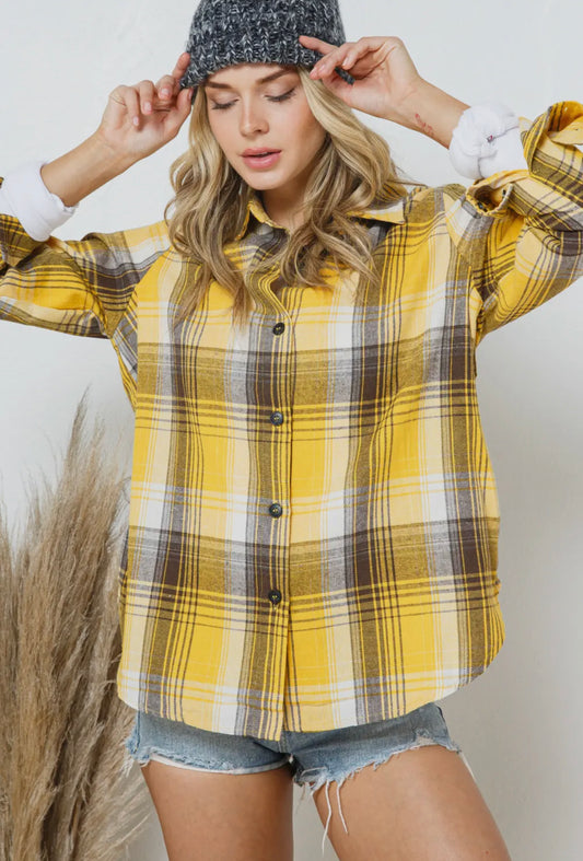 Plaid Button Up- Deep Yellow & Brown