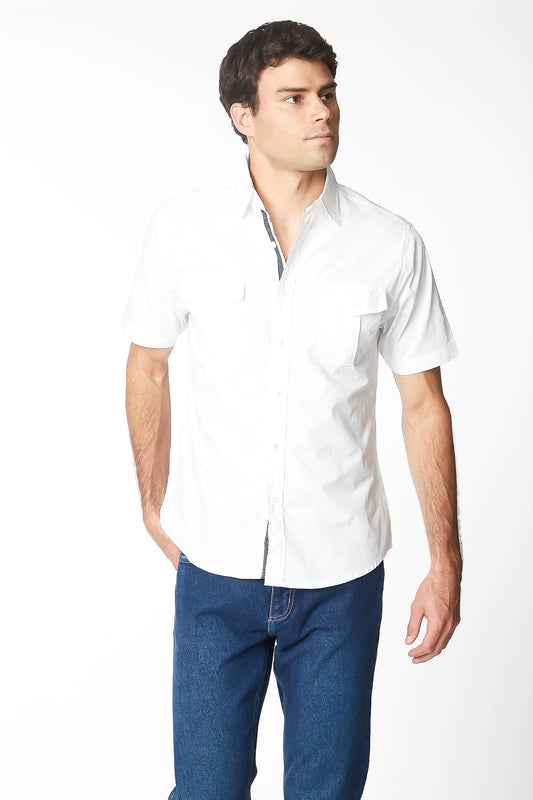 Men's Solid Double Pocket Short Sleeve Cotton Shirt