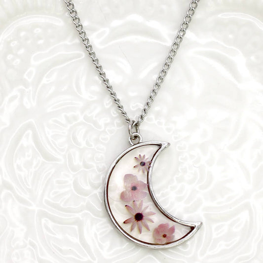 Pink Dried Flower Silver Moon Necklace