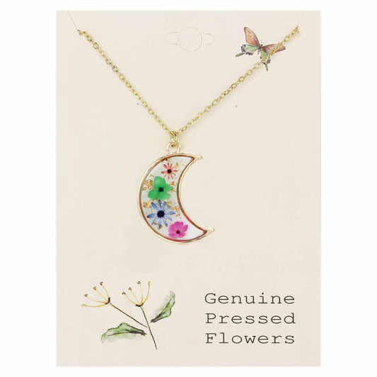 Multi Dried Flower Gold Moon Necklace